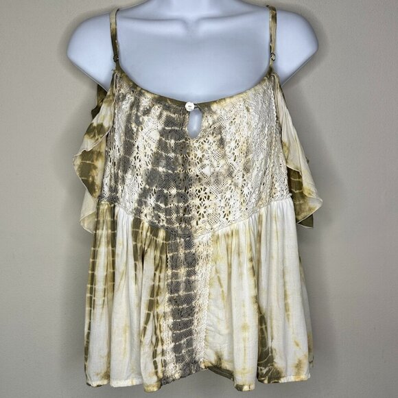 Tiare Hawaii Fluttery Cold Shoulder Ruffle Sleeves Top Size Medium Green/Cream - Picture 1 of 8